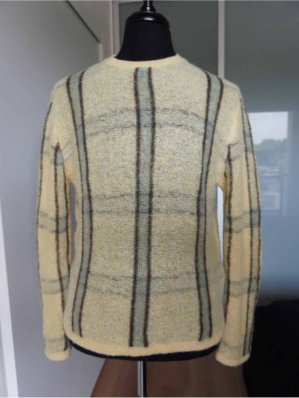 Zara Yellow Plaid Crewneck Sweater with Brown & Blue Stripes